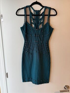 Herve Leger Teal Strappy Bandage Mini Dress